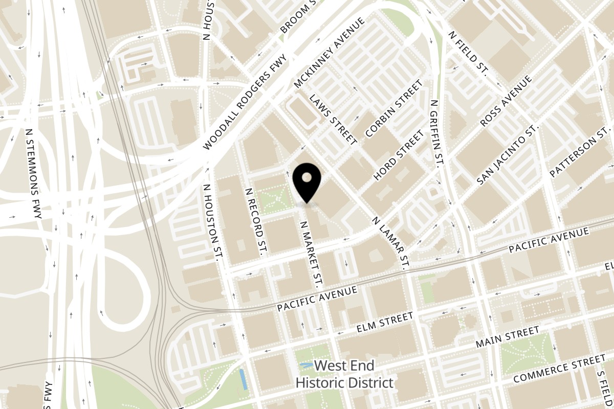 Map showing the location of Mas Street Tacos on 1722 N Market St in Dallas